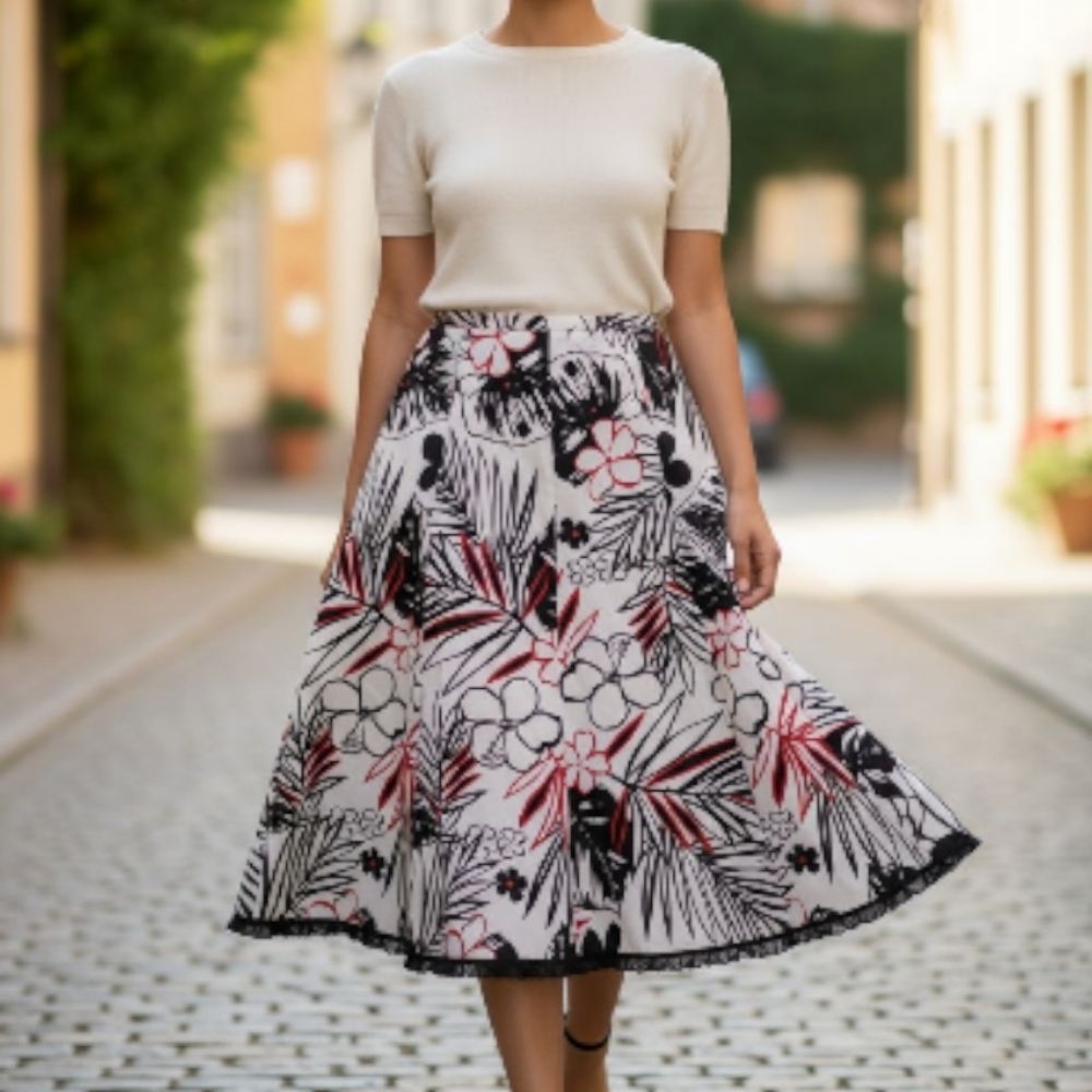 Floral A-Line Skirt - Black, Red, White, hits at knee with ruffle at bottom